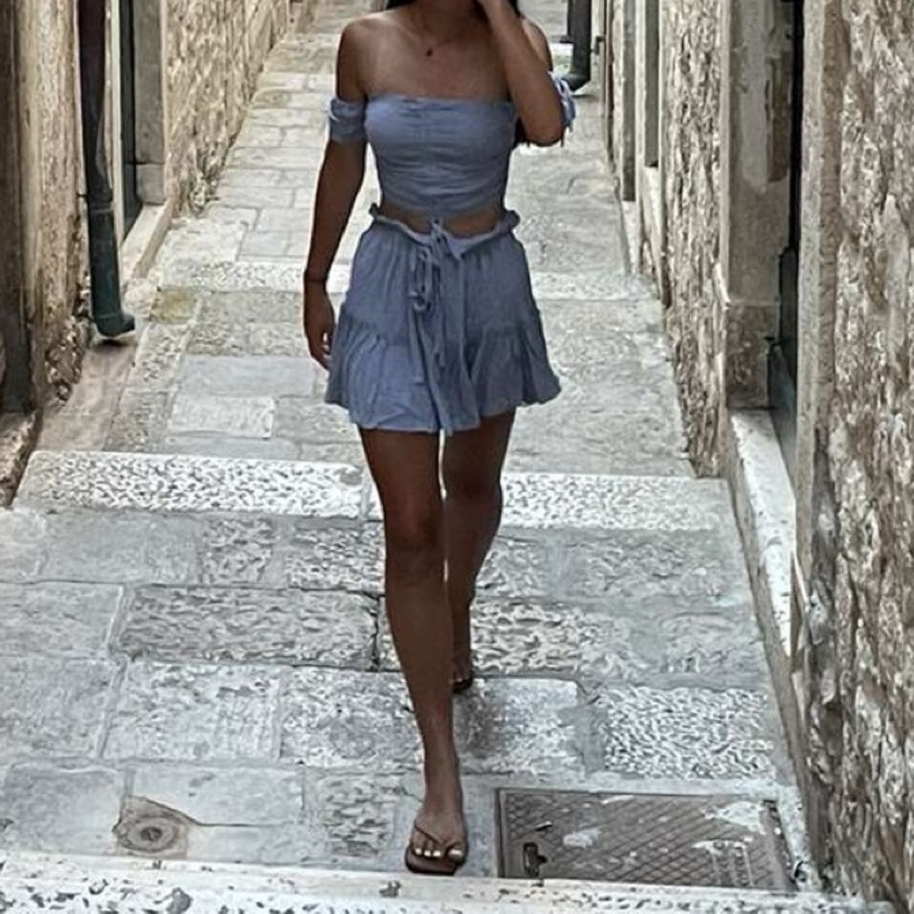 Stylish Blue Two Piece Off-Shoulder Dress